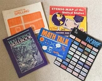 $8 - Lot of 5 Vintage Educational Workbooks, Map, & License Plate Booklet (all shown here)