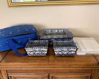 $58 - Temp-Tations Bakeware Casseroles / Baking Dishes - Old World Blue (Set of 3 with lids & carry case)