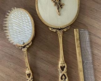 $40 - Vintage 24 KT Gold Plated Vanity Set, Roses (3 pieces - Mirror, Brush, Comb) 