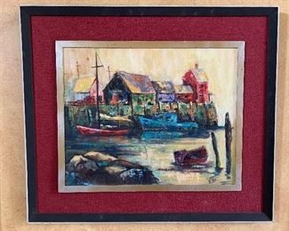 Item 1: Signed by J. Ganz - MCM Painting, Burgundy Matt, Framed, Features a Maine Pier, 28.5 x 24.5: $165
