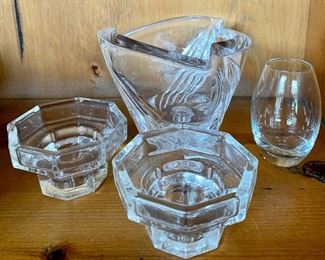 Grouping of crystal- Vase, pair of candle holders and small bud vase : $14