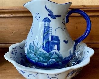 Item 14: Vintage White w/Blue Green Seaside Lighthouse Pitcher/Wash Basin Delft Style, Pitcher is appx. 10" tall: $38