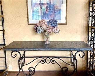 Item 18: Slate Top Table with Iron Scroll Base, 60" x 18W x 32.5 Tall: $425