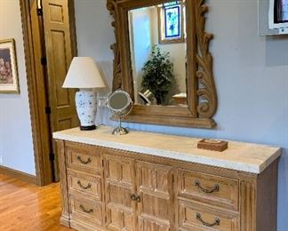 Item 32: Dresser with natural stone top, 76.5 x 19.5 x 36 tall: $445                                                                                                Item Item 115: Mirror above dresser: $225