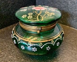 Victorian green glass trinket box, hand painted: $14
