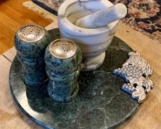 Lot of Marble Items - mortar and pestle, salt and pepper and trivet with grapes: $28