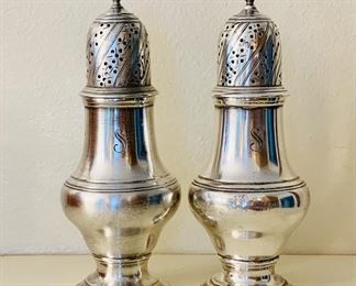 Item 104: Tiffany and Co Sterling Silver Salt Shakers 5"Tall an 1.5" at base, Monogrammed with "S": $165