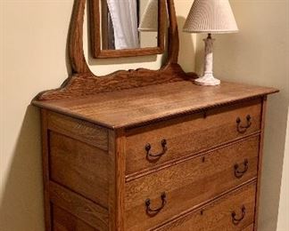 Item 38: Antique Oak 3-drawer dresser with mirror, excellent condition, 38 x 18.5 x 36tall: $275