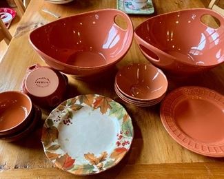 Lot of Autumn Dishes - 2 giant bowls, 4 small bowls and plate that match from Matceramica, an additional plate adorned with fall leaves and 4 neat terra cotta crocks by De Silva: $80