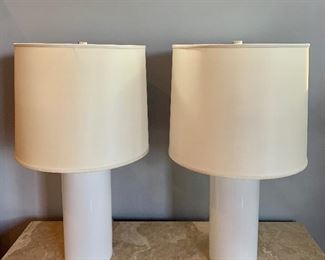 Two contemporary white lamps - white glass, pair: $95
