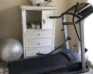 Treadmill and White Wicker cabinet.