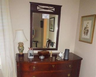 Mahogany bow-front chest & mirror- $265