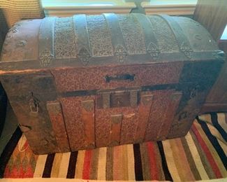 WONDERFUL  1800'S DOME BARREL TOP / CAMEL TOP STEAMER TRUNK   WITH INSETS  ORIGINAL LEATHER HANDLES GONE~ 32”w x 18”d x 22”ht ~.        $ 650 (REDUCED $350)
