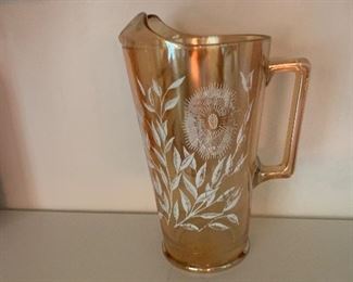 $28~ 1949  IRIDESCENT JEANETTE COSMOS MARIGOLD HAND PAINTED  CARNIVAL GLASS JUICE PITCHER ~      