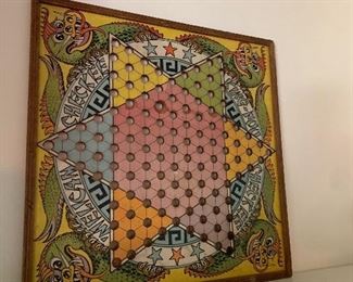 VINTAGE 1938 CHINESE CHECKERS DOUBLE SIDED GAME BOARD ` SEA DRAGON STRAIGHTS MFG  ~ $25 /as is back of board damaged 