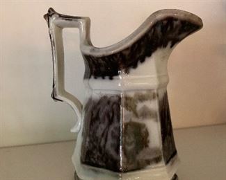 $65~ Antique flow mulberry Staffordshire transferware pitcher