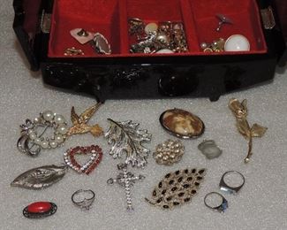 LOT OF VINTAGE COSTUME JEWELRY AND ANTIQUE BLACK LAQUER BOX