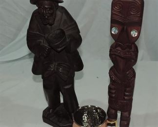 LOT OF 2 HAND CARVED WOODEN FIGURES AND MORE