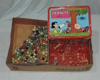 MARBLES, AND PEANUT LUNCHBOX LOT WITH SOME ADDED GAMES