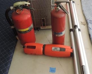 LOT WITH 2 TRIPODS, FIRE EXTINGUISHERS, AND MORE