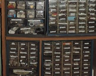 (8) BOLT BINS    CLAMPS, NUTS,BOLTS, CONNECTORS, SPARK PLUGS, RRINGS, AND MORE