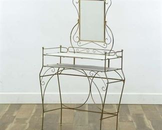 Hollywood Regency Scrolled Brass Vanity W/ Mirror