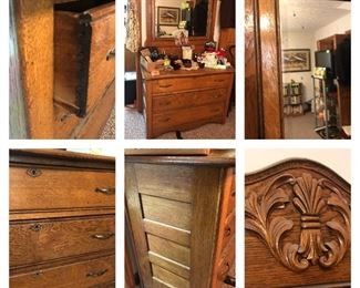  Antique oak dresser with mirror, 3 drawers- 76”H x 43”W x 20”D $195, drawers somewhat tight but open, mild crazing on mirror
