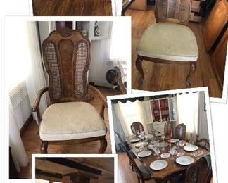 Dining table and 6 chairs 67”L x 43.5” W x 29.75”H without leafs, 2 leafs 16” W each total length with leaves 8’4” $225
