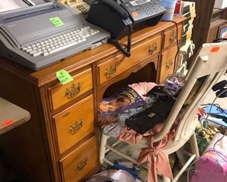 vintage desk, electric typewriter, old fax machine, vintage computer monitor