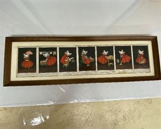 VINTAGE SIGNED /FRAMED "7 DAYS" CARDS- MONDAYS, TUESDAYS... VERY CUTE! $45. APPROX. 36" X 10"  -  Look at it and be happy before you pay!