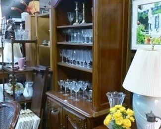 Modern French Provincial style bookcase/cabinet, 84"h x 37-1/2"w x 20"d, originally tagged at $394 (note the handcarved top and cabinet doors), now offered at $250