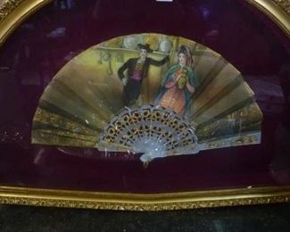 The fan is handpainted and marked "Salamanca" to the left of the male, in a custom-mate fan display case, under glass, offered now at $94.