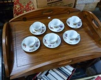 Butler's tray-style tray in oak originally tagged at $94, now offered at $40.  Also, six only, cups/saucers with gilt rims, originally @ $72/six, now offered at $48/six.