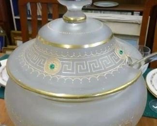 Frosted glass punch (?) serving pedestal bowl with matching lid and tray, decorated in "Greek key" motif with faux emeralds, originally tagged @ $294, now offered @ $140.   Very good condition.