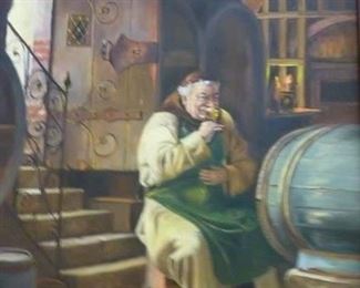 German framed painting of a monk sipping white wine (?), framed, approximately 30"h x 24"w.  Consigned from estate of retired American military who lived in occupied Germany.  Originally tagged @ $194, now offered at less than half price @ $90.