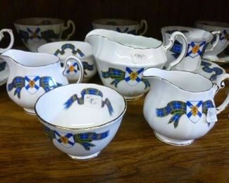 Nova Scotia tartan tea set including 2 creamers ("milk jugs"), sugar bowl, cups, saucers.  Offered now at half price.