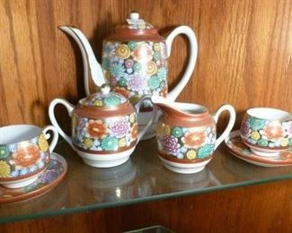 Two-person, Japanese tea set in multicolor chrysanthemum pattern.  Originally offered at $74, now offered at $35/set.