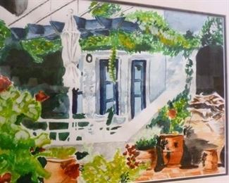 Original watercolor matted and framed @ $36 -- a pleasant sunlit terrace.