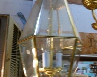 Hanging brass-framed electric lantern, all glass panes intact, originally tagged @ $94, now offered at less than half at $40