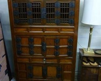 Early 20th century Japanese "kitchen cabinet" with chicken coop top doors, one piece, originally tagged @ $394, now offered at $100.  It is a rare item of Japanese furniture design.  The two shelves have fallen in and need to be reset.  Three hexagons of bottom portion need to be reattached.