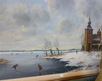 Dutch (?) painting of skaters, framed, approximately 2'h x 3'w, now reduced to 100