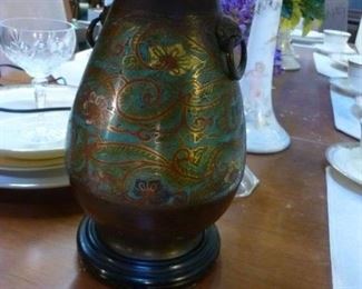 One of a matched pair of c. 1900 Chinese cloisonne vases converted to electric lamps now at $125 each.