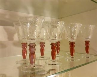 set of 8 red-stemmed glass goblets @ $32 set