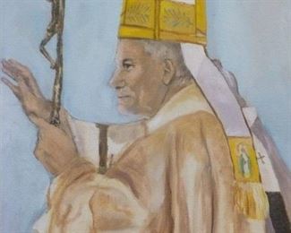 Modern painting of Polish pope, framed, approx 30"h x 24"w, now reduced to $40
