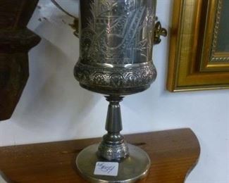 Victorian silverplate goblet, elaborately engraved, originally tagged at $94, now offered at less than half at $40