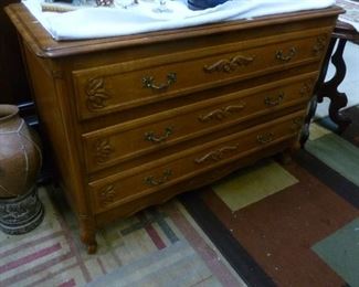 Genuine made in France French Provincial chest of 3 drawers, in oak, with carved drawer fronts, 32-1/2"h x 46"w x 19"d, probably made 1910-1920s.