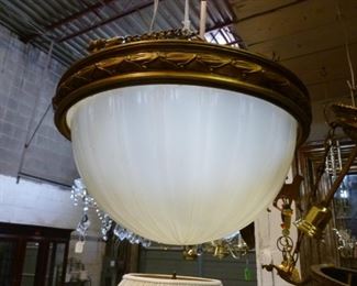 Hanging antique milkglass hemisphere set into bronze rim with French-style laurel leaf band, suspended from three chains (very heavy ) @ $300 -- VERY RARE