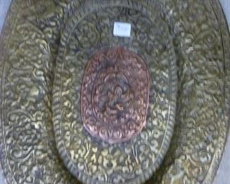 Asian repousse copper medallion within repousse brass, approx 20"h x 14"w now offered at $40