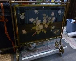 Formerly VERY EXPENSIVE hand-embroidered silk panel mounted in brass frame with scroll feet as a fire screen, now reduced to $250