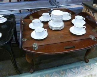 Butler's tray-style coffee table with 4 hinged drop panels now reduced to $40.  Set of 6 mugs, 6 saucers, 6 bowls @ $36/set